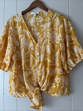 Ella Moss Yellow Floral Tie-Front V-Neck Blouse